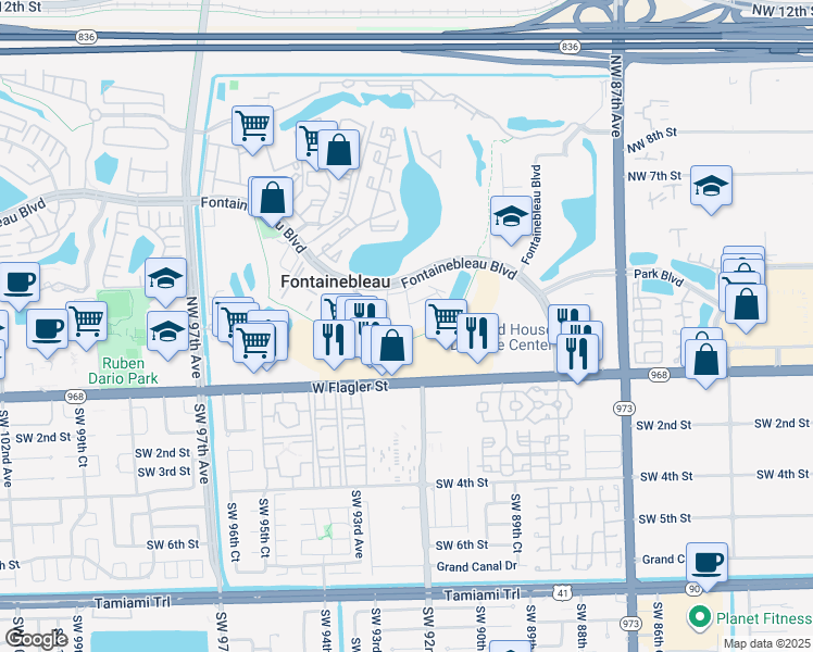 map of restaurants, bars, coffee shops, grocery stores, and more near 9210 Fontainebleau Boulevard in Miami
