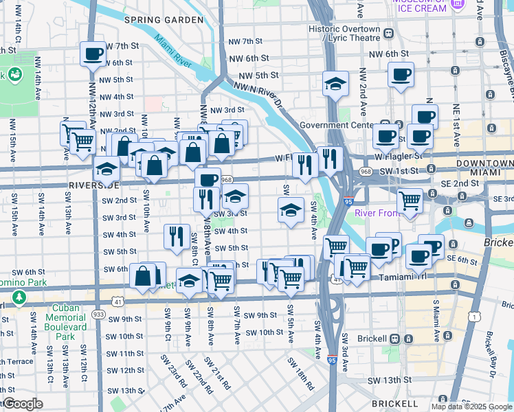 map of restaurants, bars, coffee shops, grocery stores, and more near 634 Southwest 2nd Street in Miami