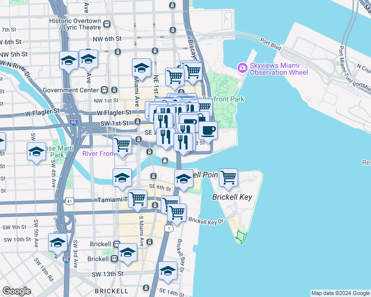 map of restaurants, bars, coffee shops, grocery stores, and more near 355 Southeast 2nd Street in Miami