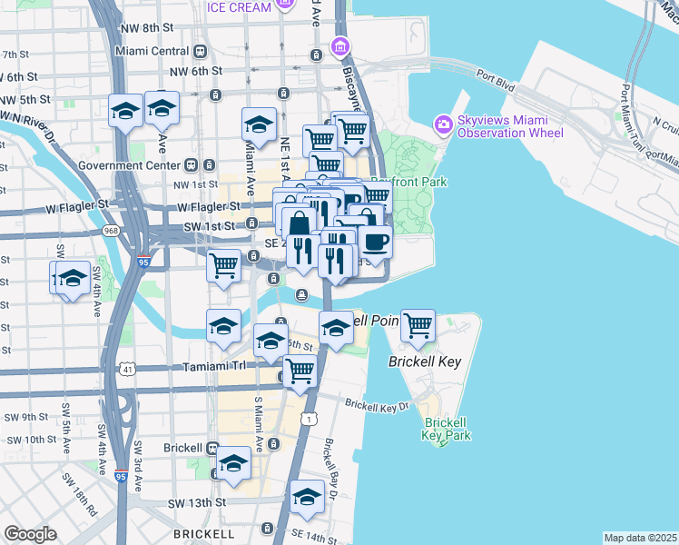 map of restaurants, bars, coffee shops, grocery stores, and more near 333 Southeast 2nd Avenue in Miami