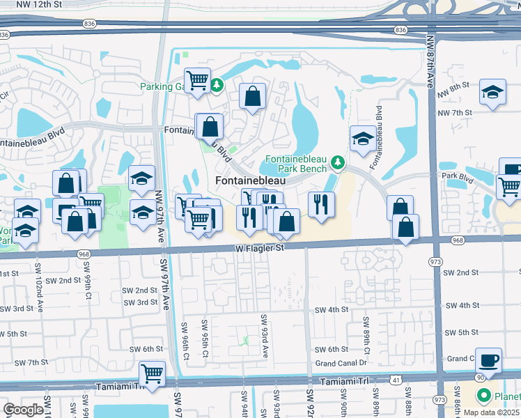 map of restaurants, bars, coffee shops, grocery stores, and more near 9320 Fontainebleau Boulevard in Miami