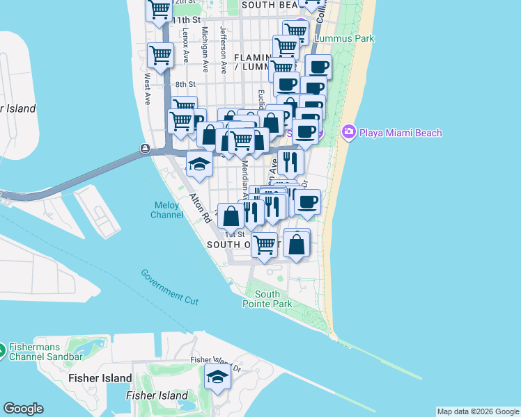 map of restaurants, bars, coffee shops, grocery stores, and more near in Miami Beach