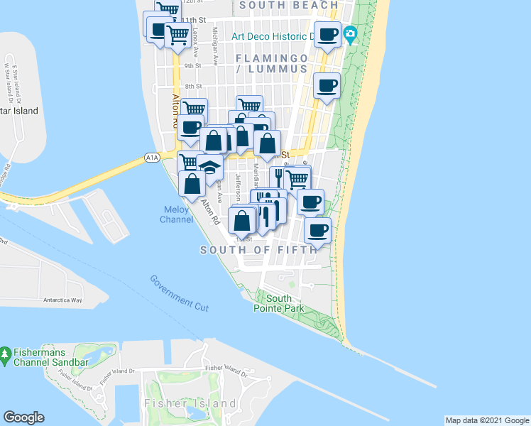 map of restaurants, bars, coffee shops, grocery stores, and more near 220 Meridian Avenue in Miami Beach