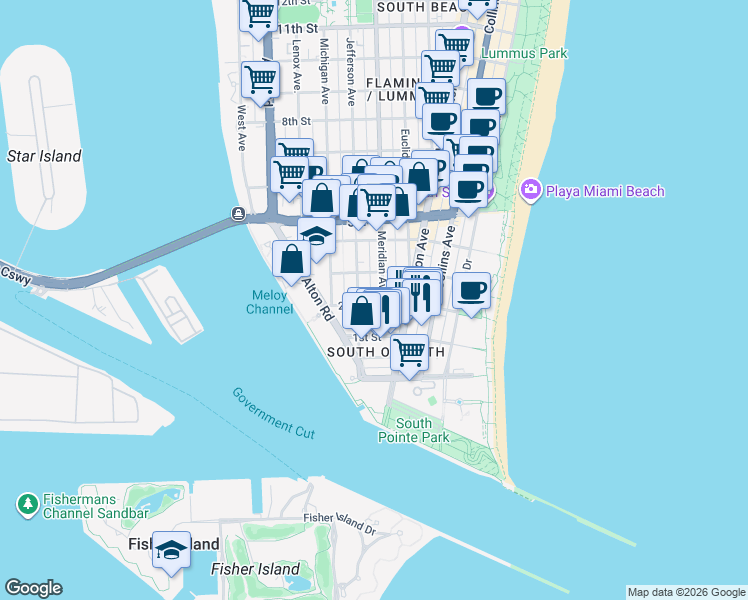 map of restaurants, bars, coffee shops, grocery stores, and more near 220 Meridian Avenue in Miami Beach