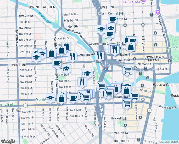 map of restaurants, bars, coffee shops, grocery stores, and more near 444 Southwest 2nd Street in Miami