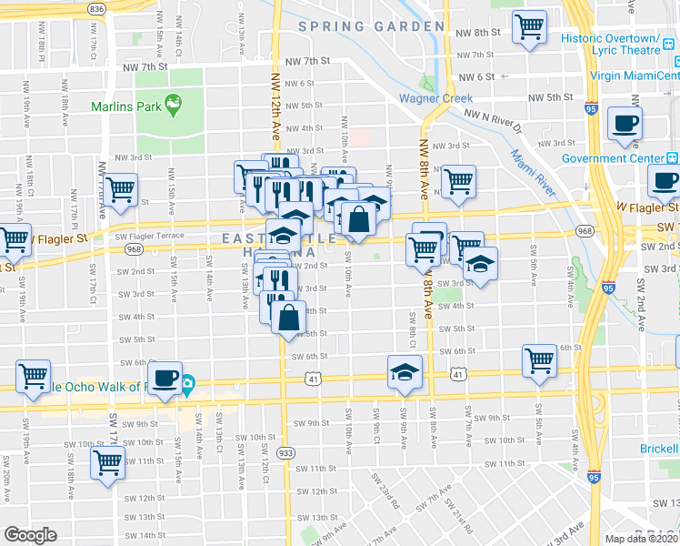 map of restaurants, bars, coffee shops, grocery stores, and more near 1054 Southwest 2nd Street in Miami