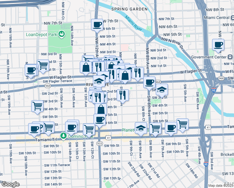 map of restaurants, bars, coffee shops, grocery stores, and more near 1054 Southwest 2nd Street in Miami