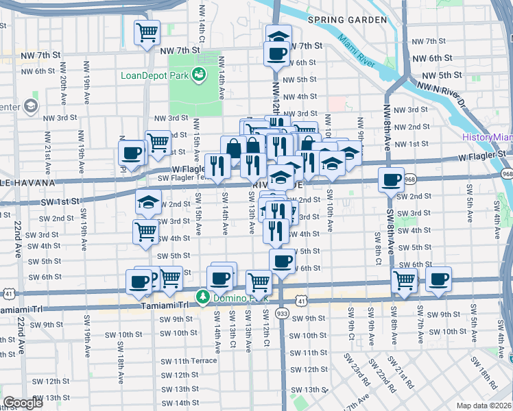 map of restaurants, bars, coffee shops, grocery stores, and more near 1250 Southwest 2nd Street in Miami