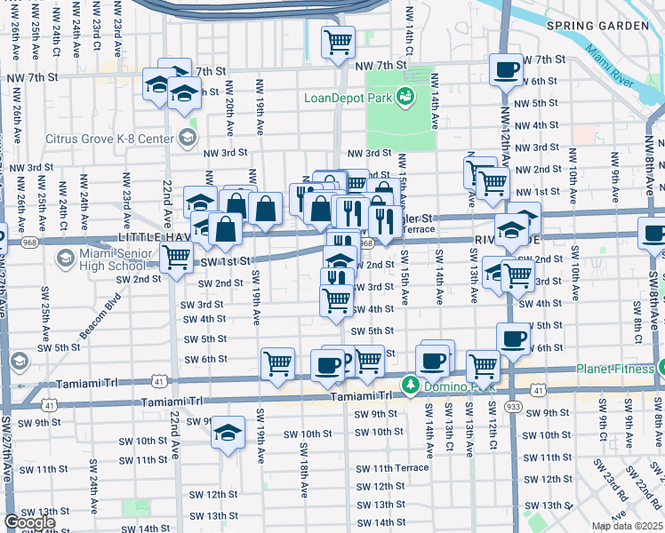 map of restaurants, bars, coffee shops, grocery stores, and more near 134 Southwest 17th Avenue in Miami
