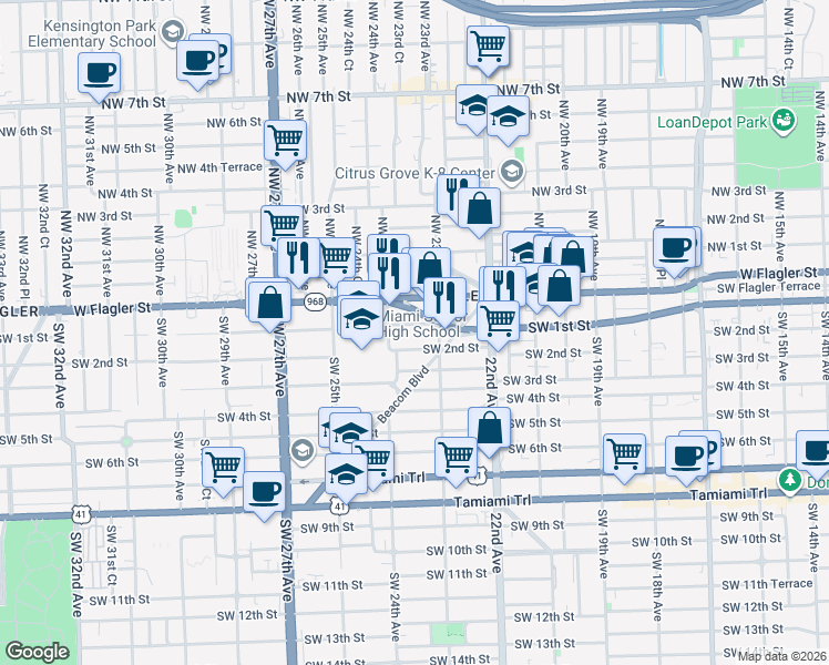 map of restaurants, bars, coffee shops, grocery stores, and more near 2326 Southwest 1st Street in Miami