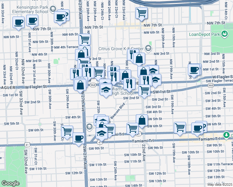 map of restaurants, bars, coffee shops, grocery stores, and more near 101 Southwest 24th Avenue in Miami