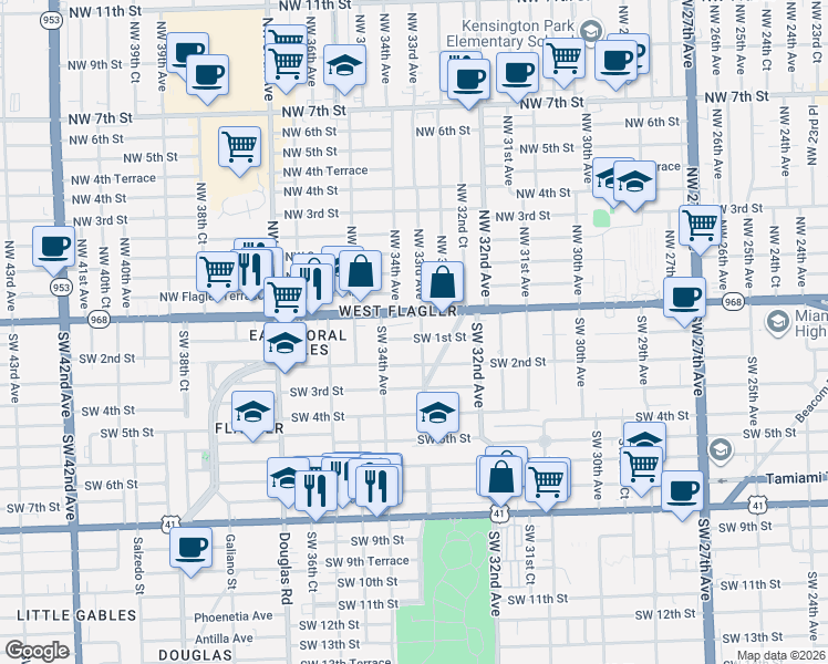 map of restaurants, bars, coffee shops, grocery stores, and more near in Miami