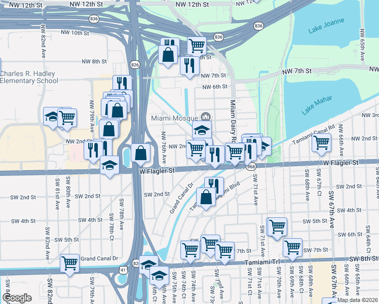 map of restaurants, bars, coffee shops, grocery stores, and more near 77 Northwest 74th Avenue in Miami