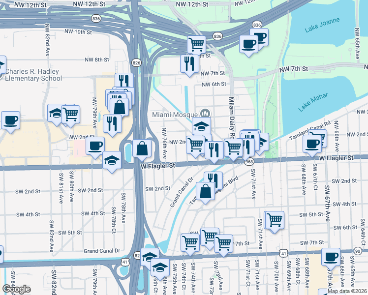 map of restaurants, bars, coffee shops, grocery stores, and more near 77 Northwest 74th Avenue in Miami