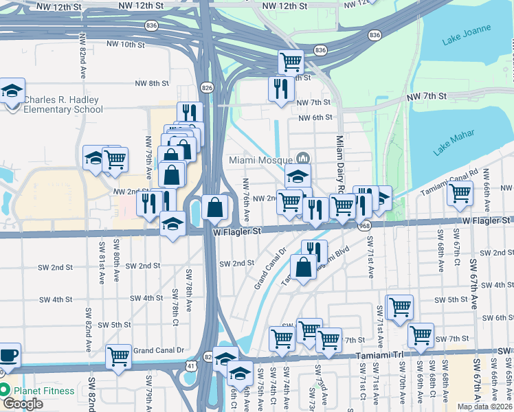 map of restaurants, bars, coffee shops, grocery stores, and more near 7500 Northwest 2nd Street in Miami