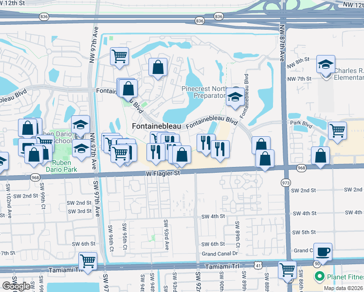 map of restaurants, bars, coffee shops, grocery stores, and more near 9270 Fontainebleau Boulevard in Miami