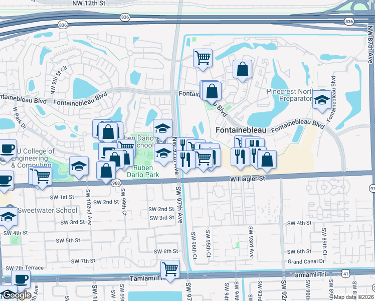 map of restaurants, bars, coffee shops, grocery stores, and more near 161 Northwest 97th Avenue in Miami