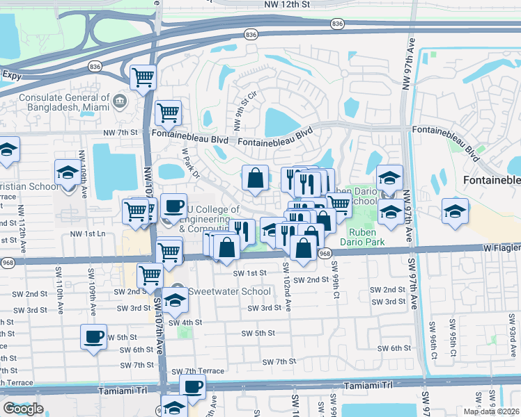 map of restaurants, bars, coffee shops, grocery stores, and more near 251 West Park Drive in Miami