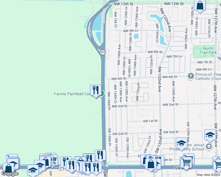 map of restaurants, bars, coffee shops, grocery stores, and more near 444 Northwest 136th Place in Miami