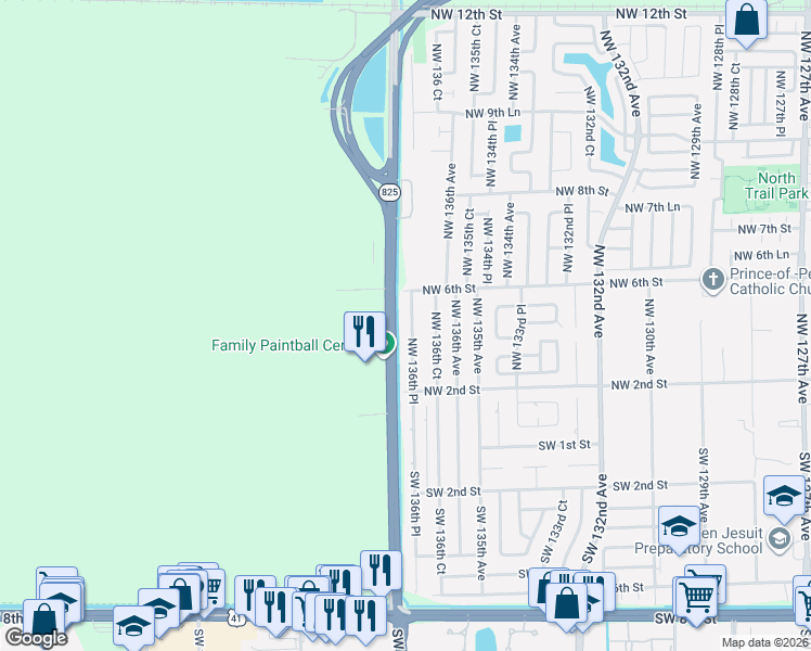 map of restaurants, bars, coffee shops, grocery stores, and more near 444 Northwest 136th Place in Miami