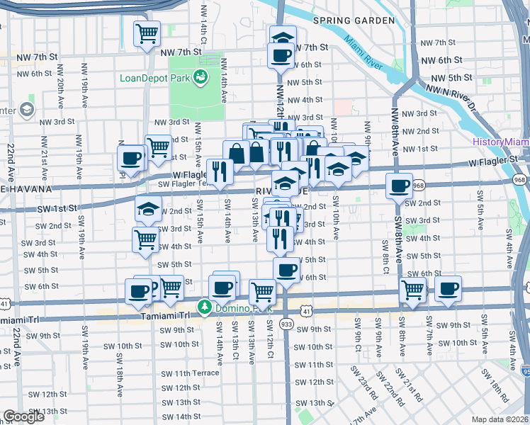 map of restaurants, bars, coffee shops, grocery stores, and more near 1250 Southwest 2nd Street in Miami