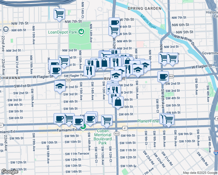 map of restaurants, bars, coffee shops, grocery stores, and more near 1250 Southwest 2nd Street in Miami