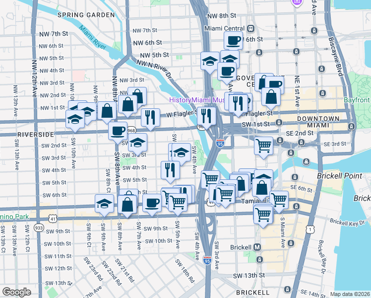 map of restaurants, bars, coffee shops, grocery stores, and more near 444 Southwest 2nd Street in Miami