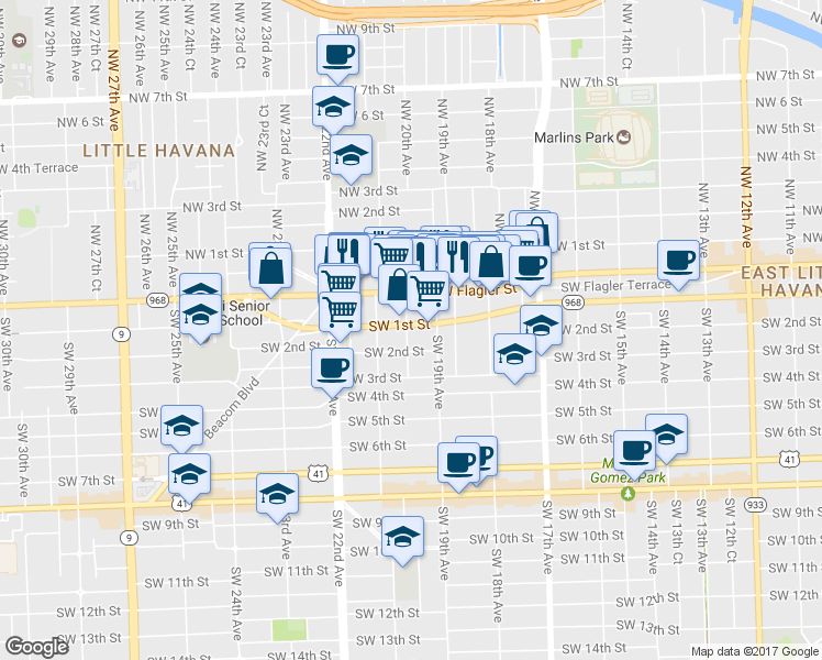 map of restaurants, bars, coffee shops, grocery stores, and more near 1992 Southwest 1st Street in Miami