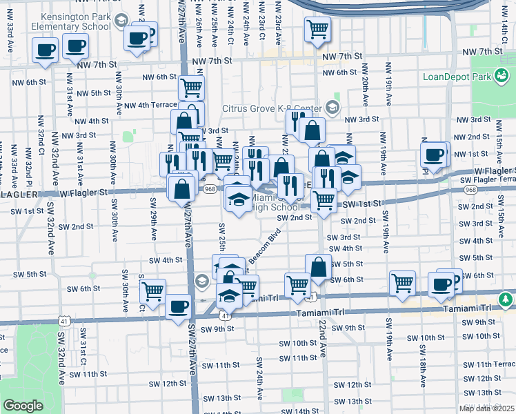 map of restaurants, bars, coffee shops, grocery stores, and more near 101 Southwest 24th Avenue in Miami