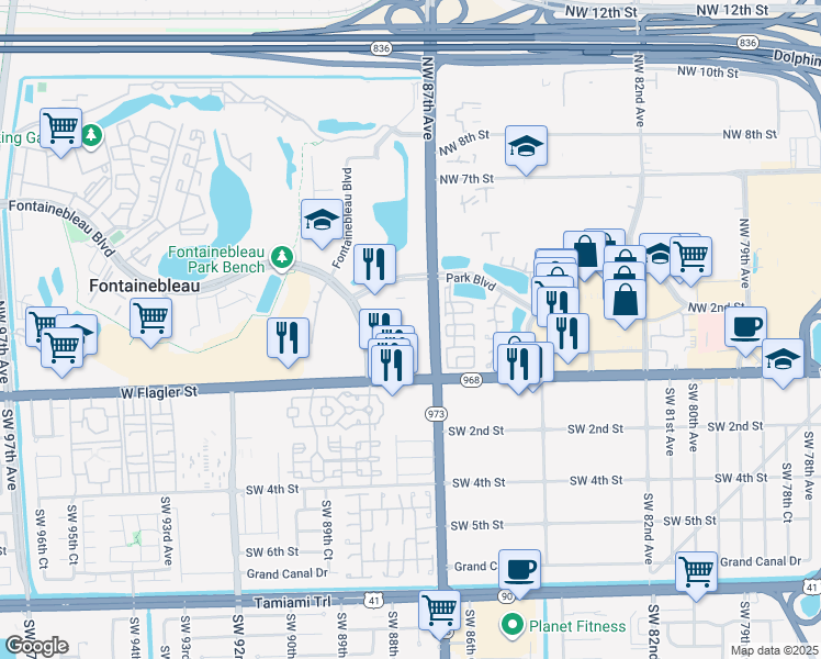 map of restaurants, bars, coffee shops, grocery stores, and more near 40 Northwest 87th Avenue in Miami
