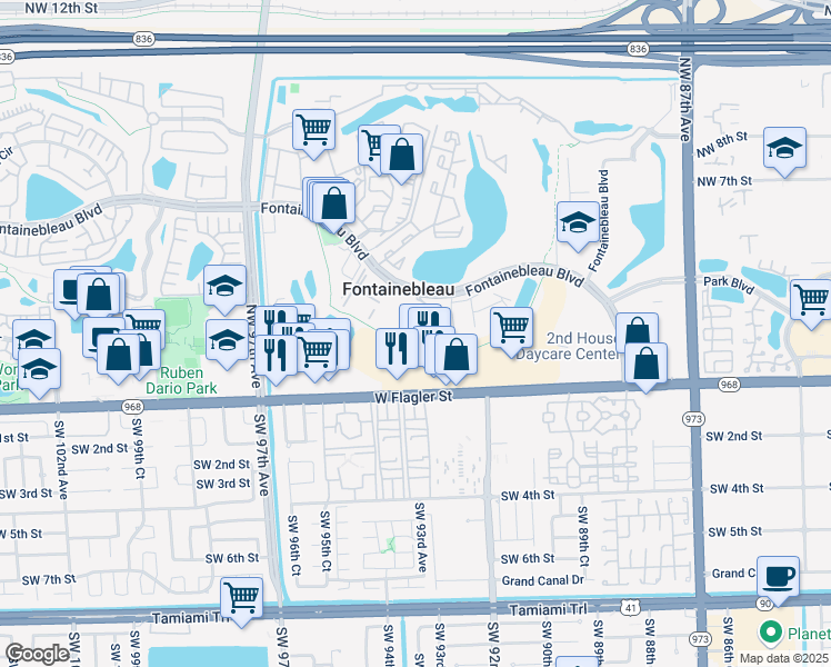map of restaurants, bars, coffee shops, grocery stores, and more near 9320 Fontainebleau Boulevard in Miami