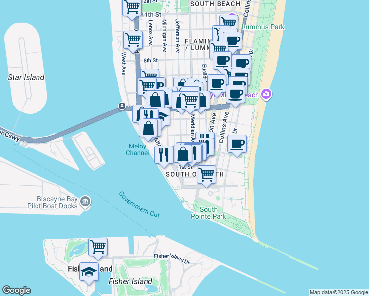 map of restaurants, bars, coffee shops, grocery stores, and more near 226 Jefferson Avenue in Miami Beach