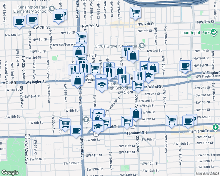 map of restaurants, bars, coffee shops, grocery stores, and more near 101 Southwest 24th Avenue in Miami