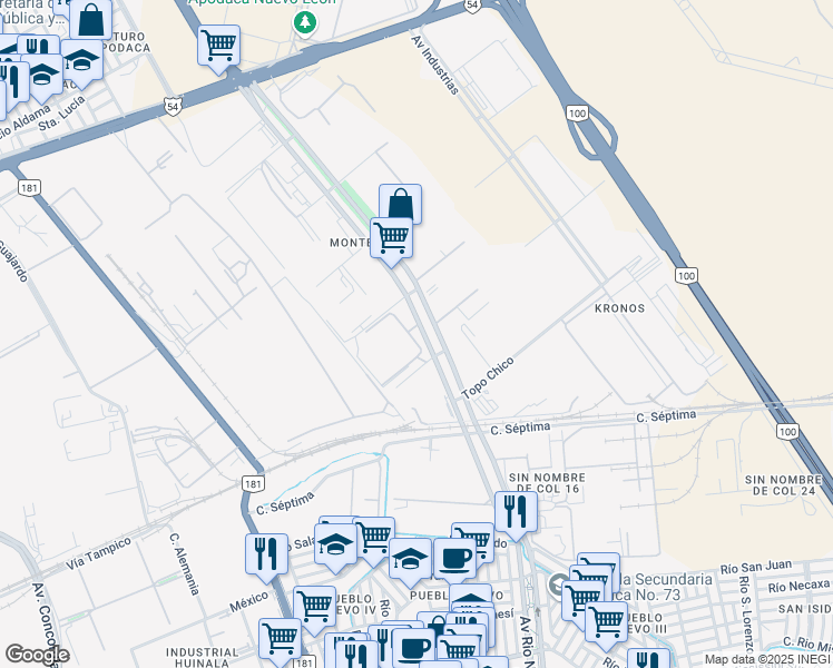 map of restaurants, bars, coffee shops, grocery stores, and more near 13 Avenida Parque Industrial Monterrey in Ciudad Apodaca