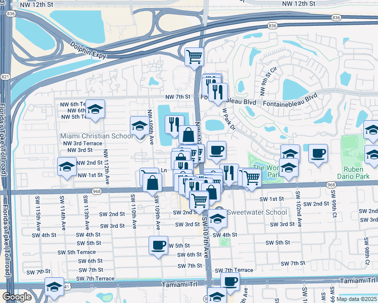 map of restaurants, bars, coffee shops, grocery stores, and more near 260 Northwest 107th Avenue in Miami