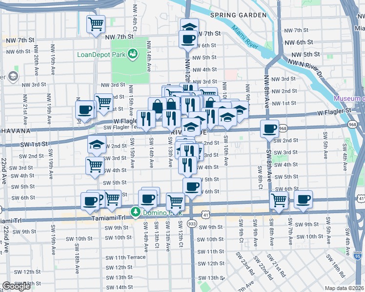 map of restaurants, bars, coffee shops, grocery stores, and more near 1250 Southwest 2nd Street in Miami
