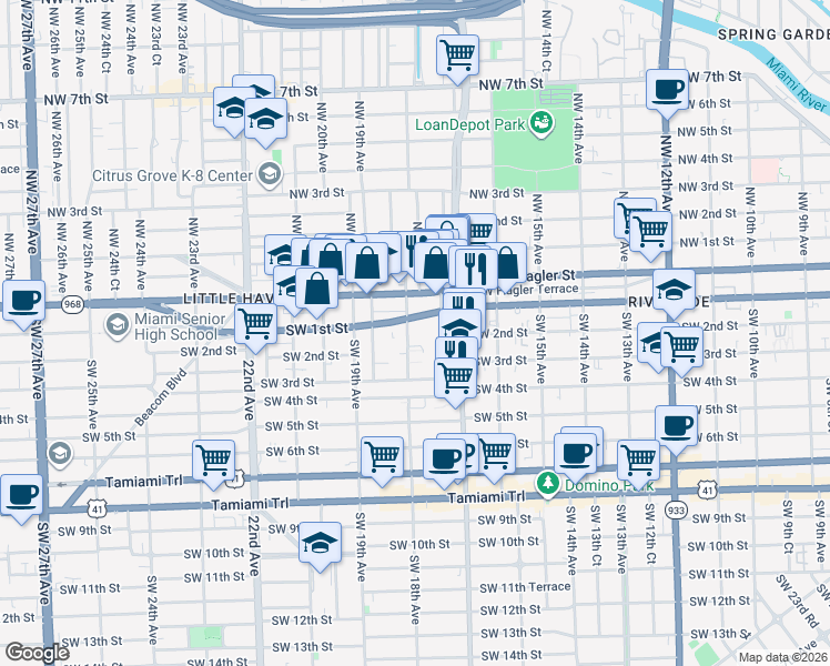 map of restaurants, bars, coffee shops, grocery stores, and more near 103 Southwest 18th Avenue in Miami