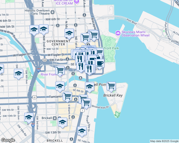 map of restaurants, bars, coffee shops, grocery stores, and more near 333 Southeast 2nd Avenue in Miami
