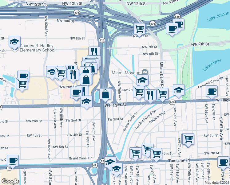 map of restaurants, bars, coffee shops, grocery stores, and more near 89 NW 76th Ave in Miami