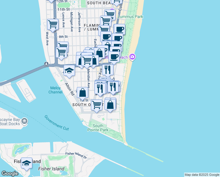 map of restaurants, bars, coffee shops, grocery stores, and more near 226 Ocean Court in Miami Beach