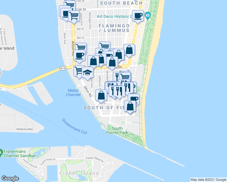 map of restaurants, bars, coffee shops, grocery stores, and more near in Miami Beach