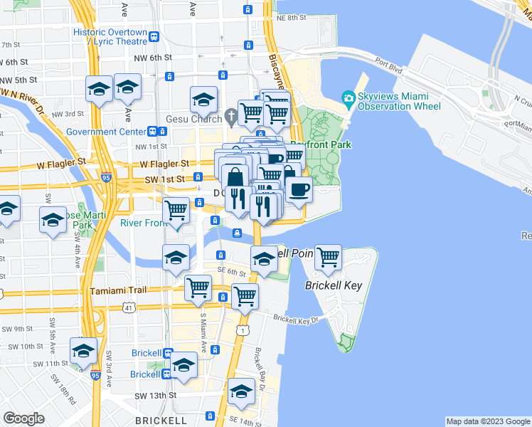 map of restaurants, bars, coffee shops, grocery stores, and more near 333 Southeast 2nd Avenue in Miami