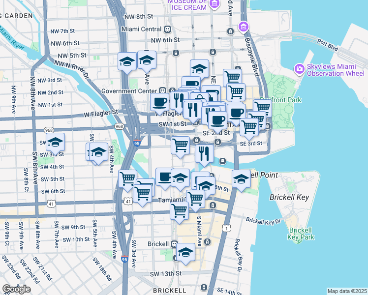 map of restaurants, bars, coffee shops, grocery stores, and more near 74 Southwest 3rd Street in Miami