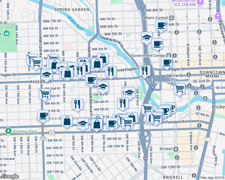 map of restaurants, bars, coffee shops, grocery stores, and more near 634 Southwest 2nd Street in Miami