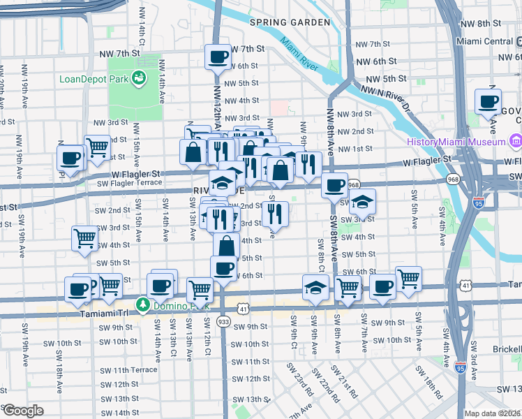 map of restaurants, bars, coffee shops, grocery stores, and more near 1054 Southwest 2nd Street in Miami