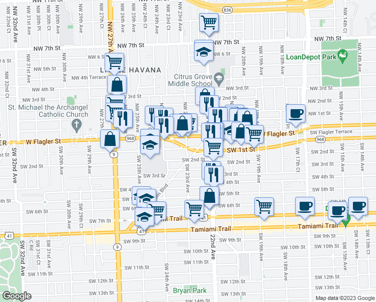 map of restaurants, bars, coffee shops, grocery stores, and more near 2326 Southwest 1st Street in Miami