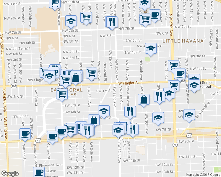 map of restaurants, bars, coffee shops, grocery stores, and more near 12 Southwest 32nd Court Road in Miami