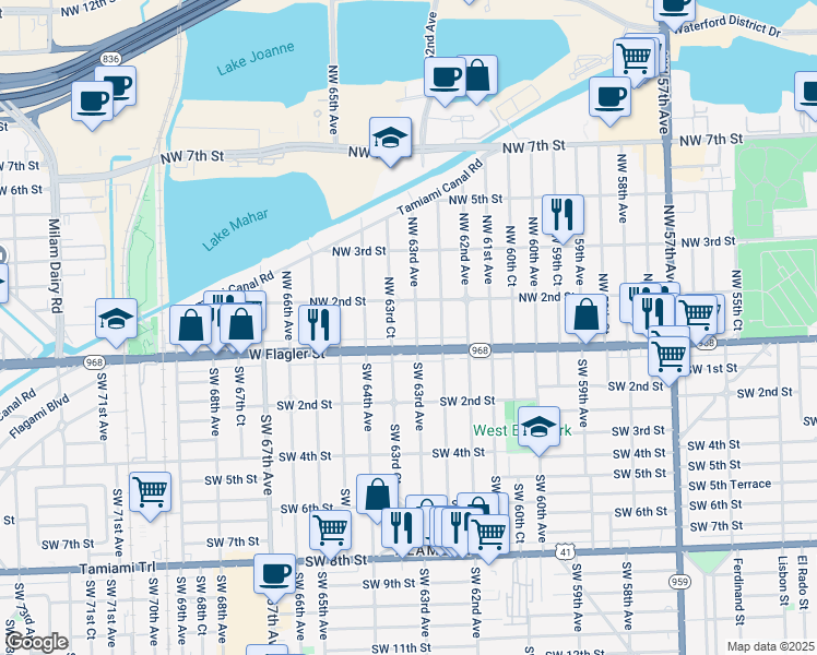 map of restaurants, bars, coffee shops, grocery stores, and more near 55 Northwest 63rd Avenue in Miami