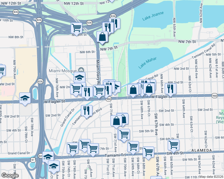 map of restaurants, bars, coffee shops, grocery stores, and more near 7100 Northwest 1st Terrace in Miami
