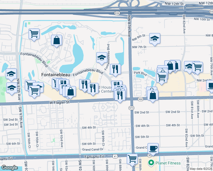 map of restaurants, bars, coffee shops, grocery stores, and more near 2728 Fontainebleau Boulevard in Miami